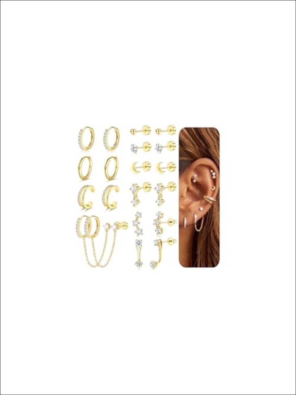 14K Gold Plated Flat Back Stud Earrings Hypoallergenic Cartilage Hoop Set